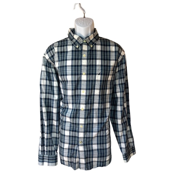 SzXL Wrinkle Resistant Nautica Blue Green White Long Sleeve Button Down Shirt - Picture 2 of 7